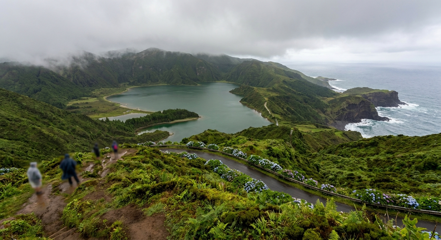 Two green crater lakes seen from a ridge above Sete Cidades on São Miguel, with cloud on the higher ground