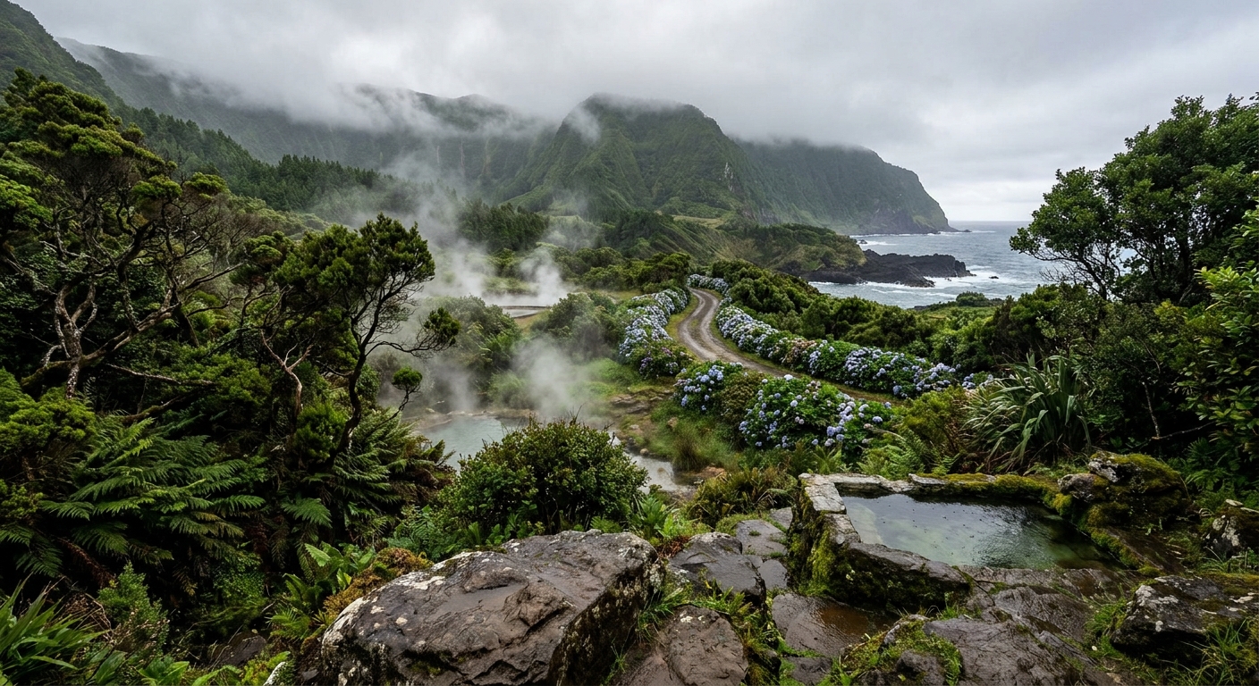 Steam rising from thermal springs beside a bathing pool in a wooded valley