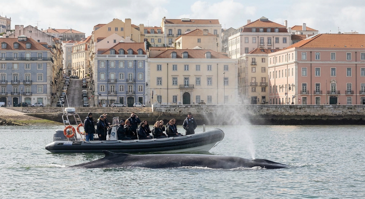 A whale surfacing on open ocean beside a small whale-watching boat