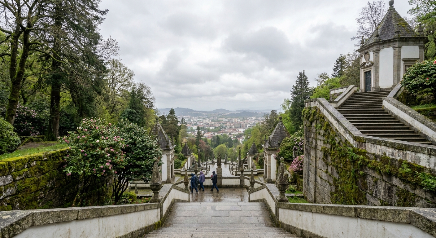 The zigzag baroque stairway of Bom Jesus do Monte rising through trees above Braga under spring cloud