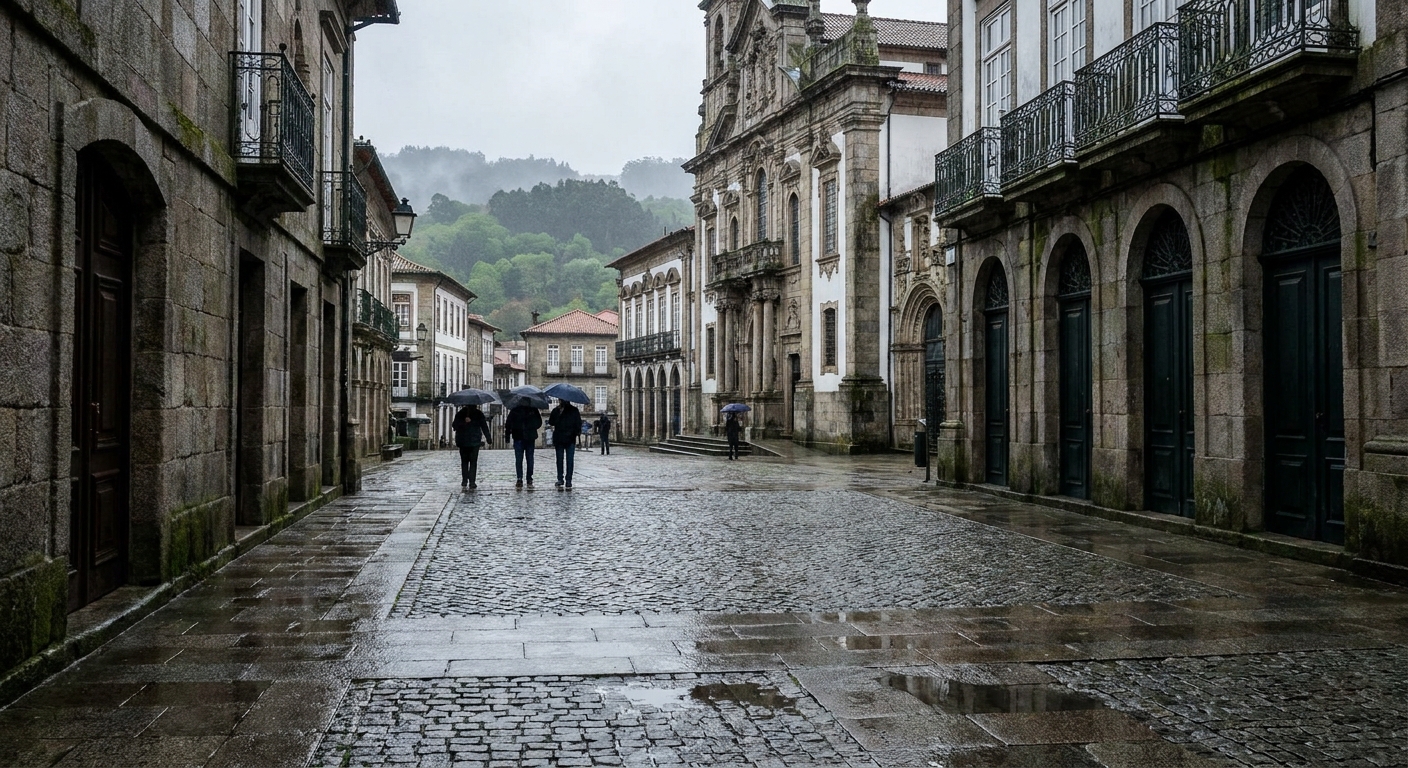 Rain-wet granite paving in Braga's old town with the cathedral facade behind