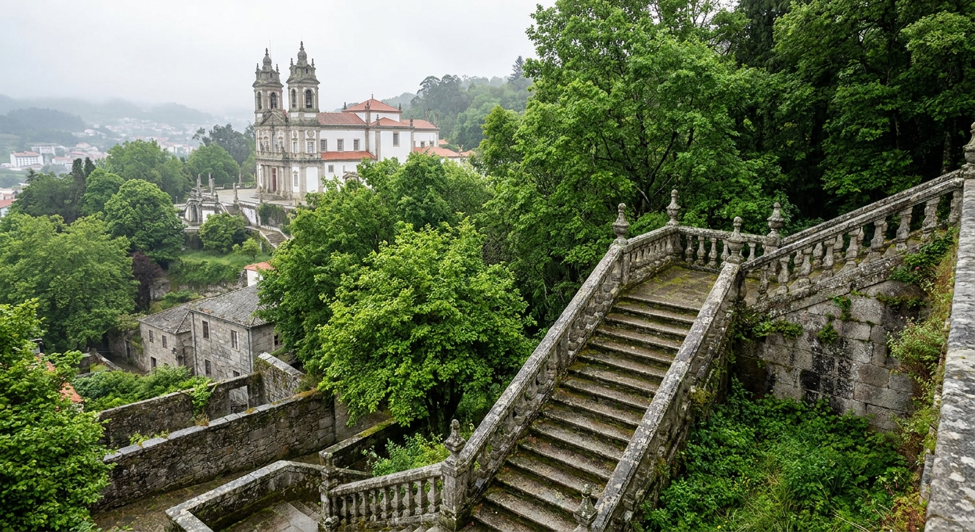 Baroque stone stairway climbing through trees to a white sanctuary church on a hill above Braga in summer