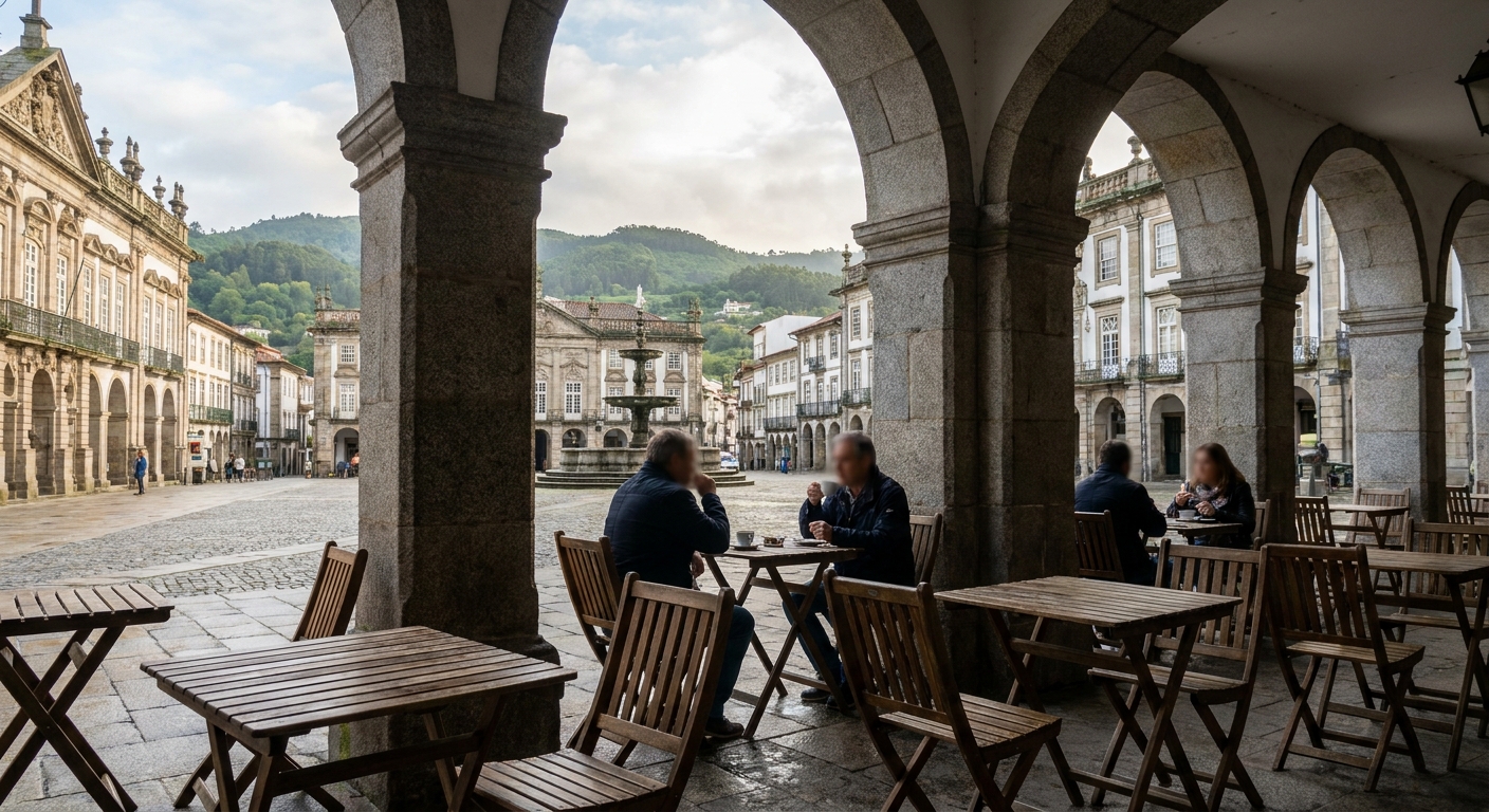 Cafe tables under stone arcades on a central Braga square in strong summer light
