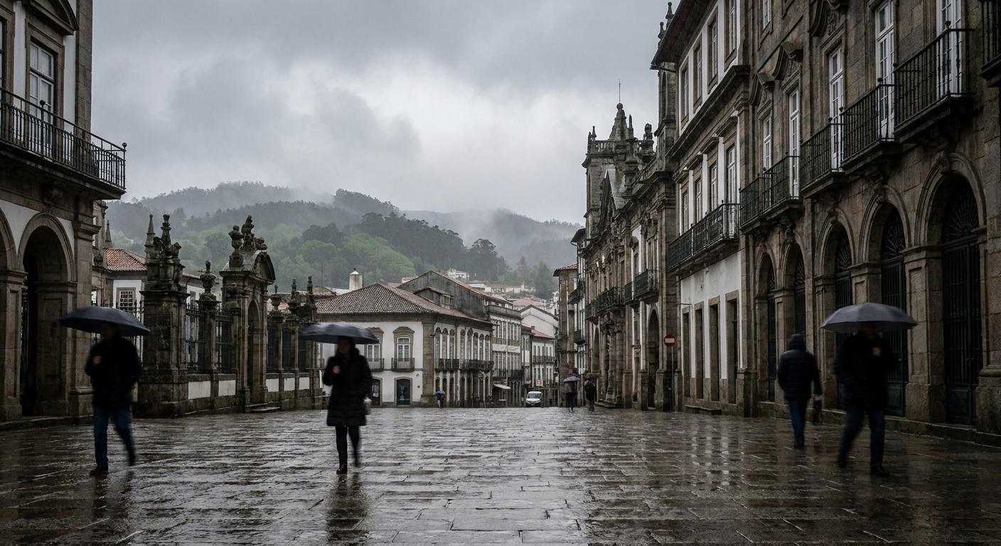 Rain-wet granite square in central Braga under low winter light
