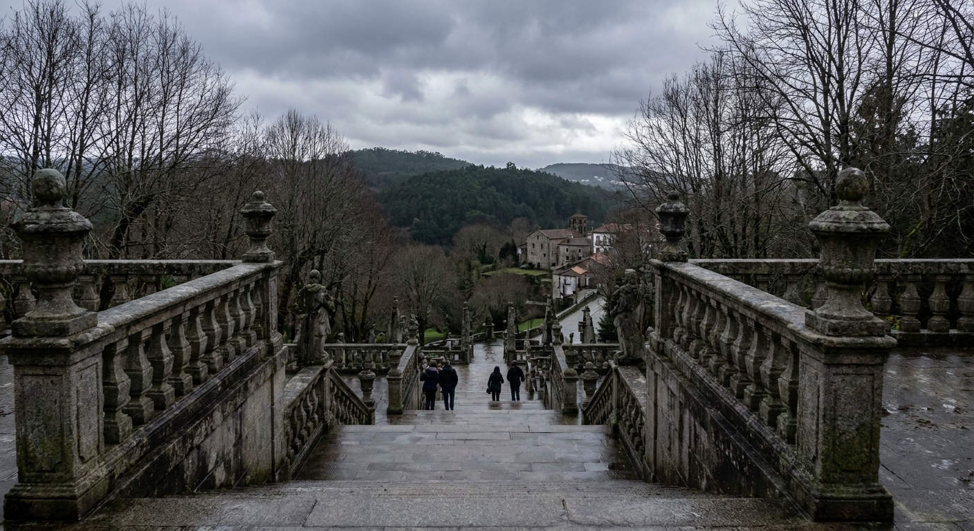 The baroque stairway of Bom Jesus do Monte climbing between bare winter trees