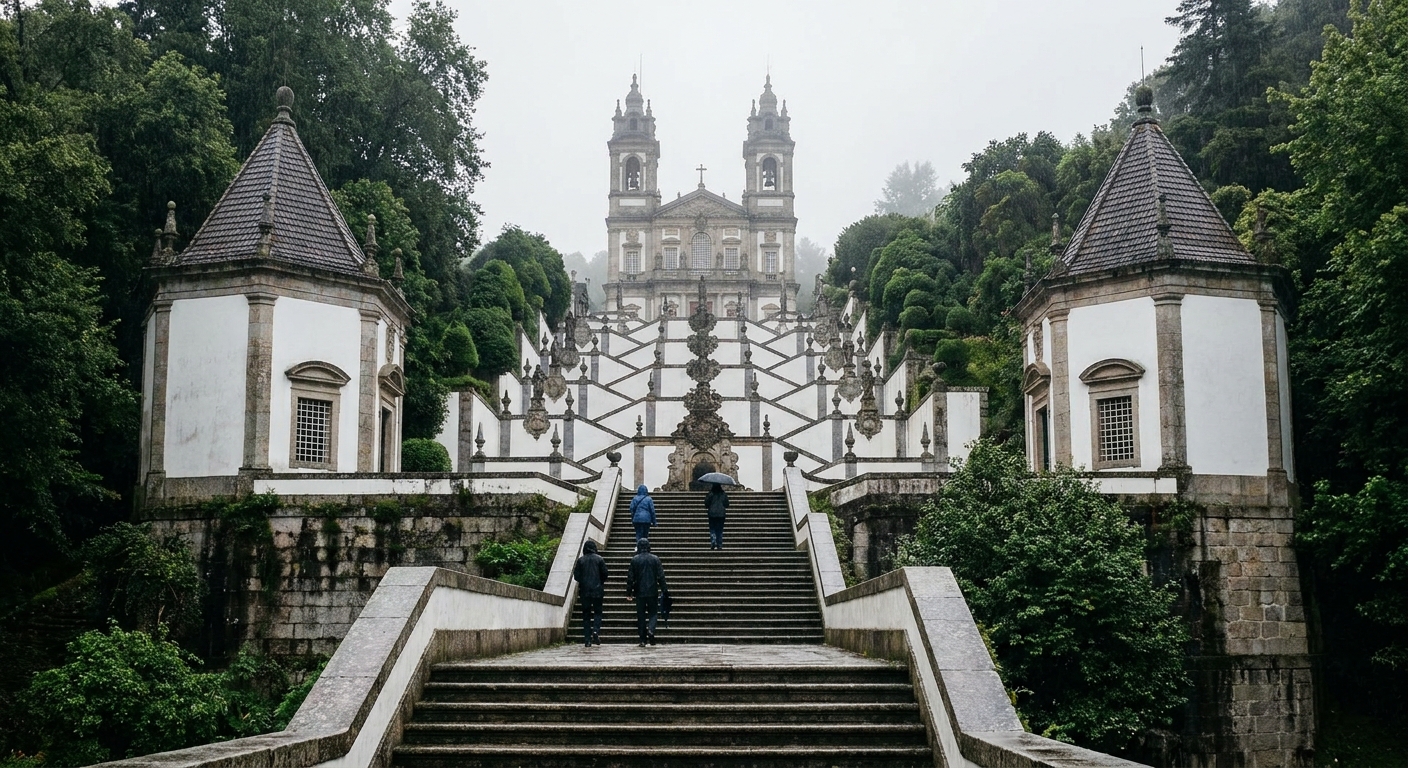 Stone baroque stairway with white chapels climbing a wooded hillside toward a twin-towered church
