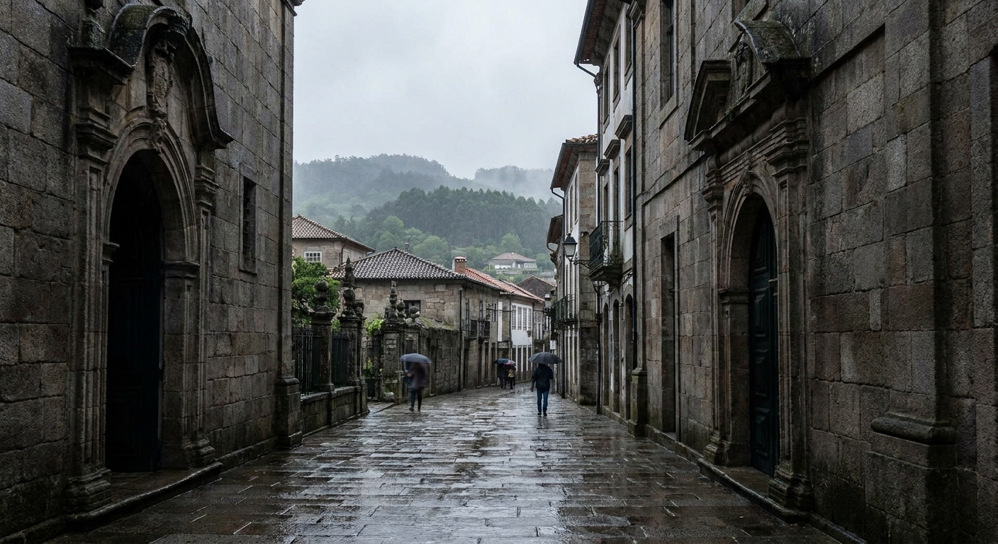 Wet granite paving and stone arcades along a narrow street in a Portuguese city center under a gray sky