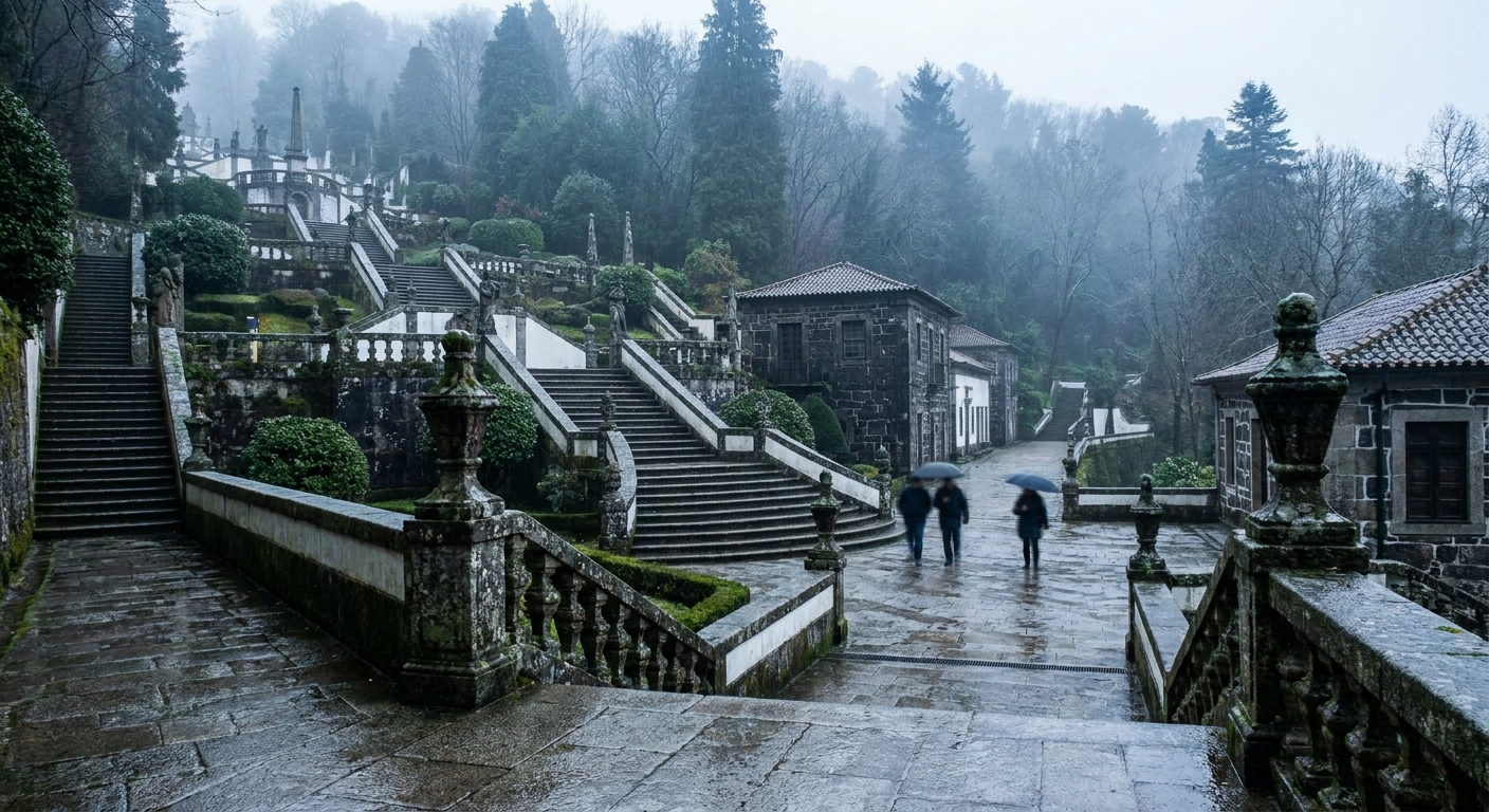 The zigzag baroque stairway at Bom Jesus do Monte above Braga on a gray winter morning