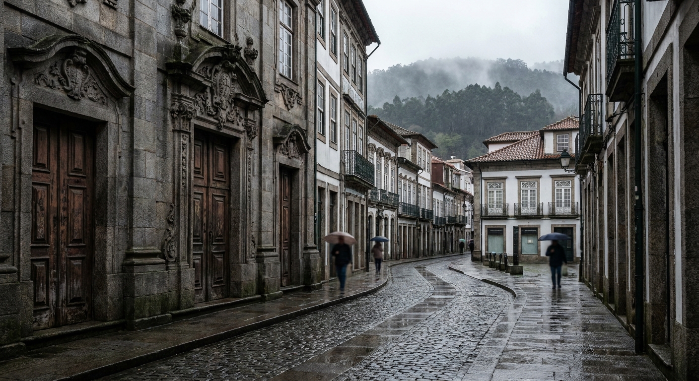 Wet granite streets and baroque facades in the old center of Braga under winter light