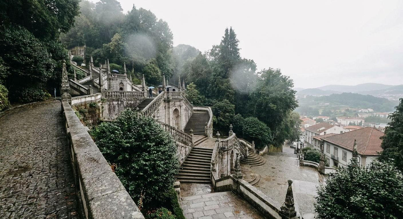 The zigzag baroque stairway of Bom Jesus do Monte climbing a wooded hillside above Braga