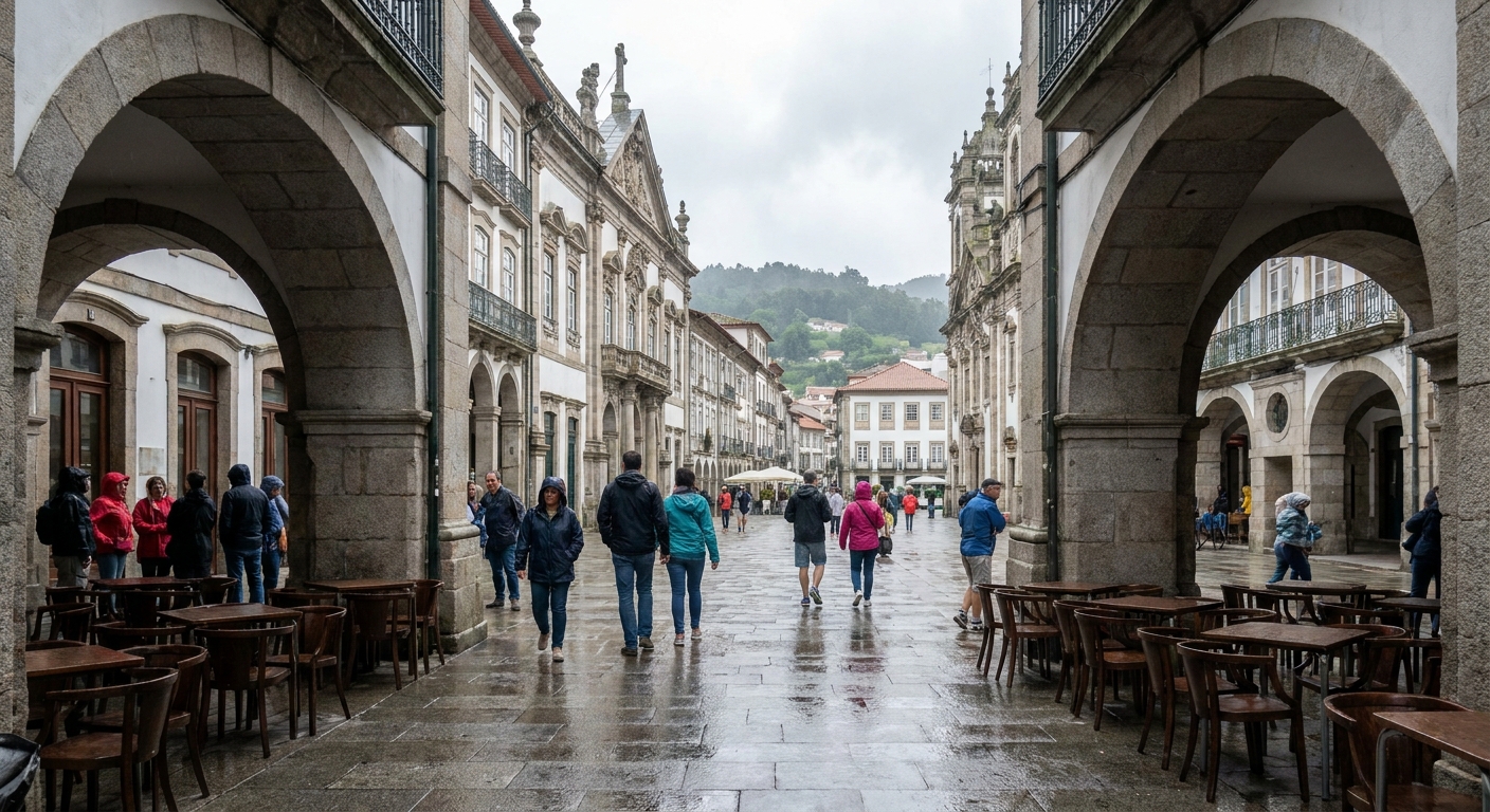 Granite arcades and outdoor cafe tables on a wide square in central Braga under summer light