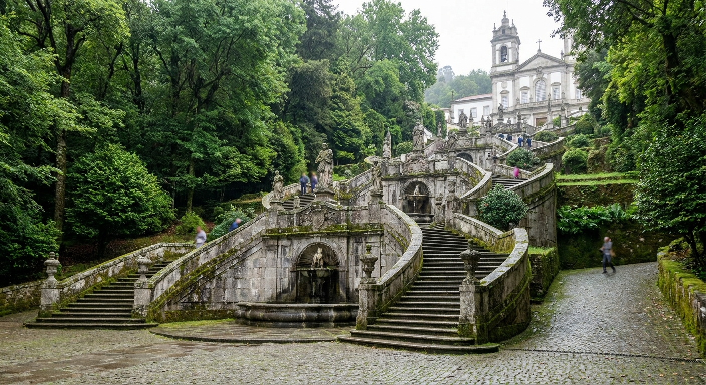 A baroque stone stairway with fountains climbing through wooded terraces toward a white sanctuary church above Braga