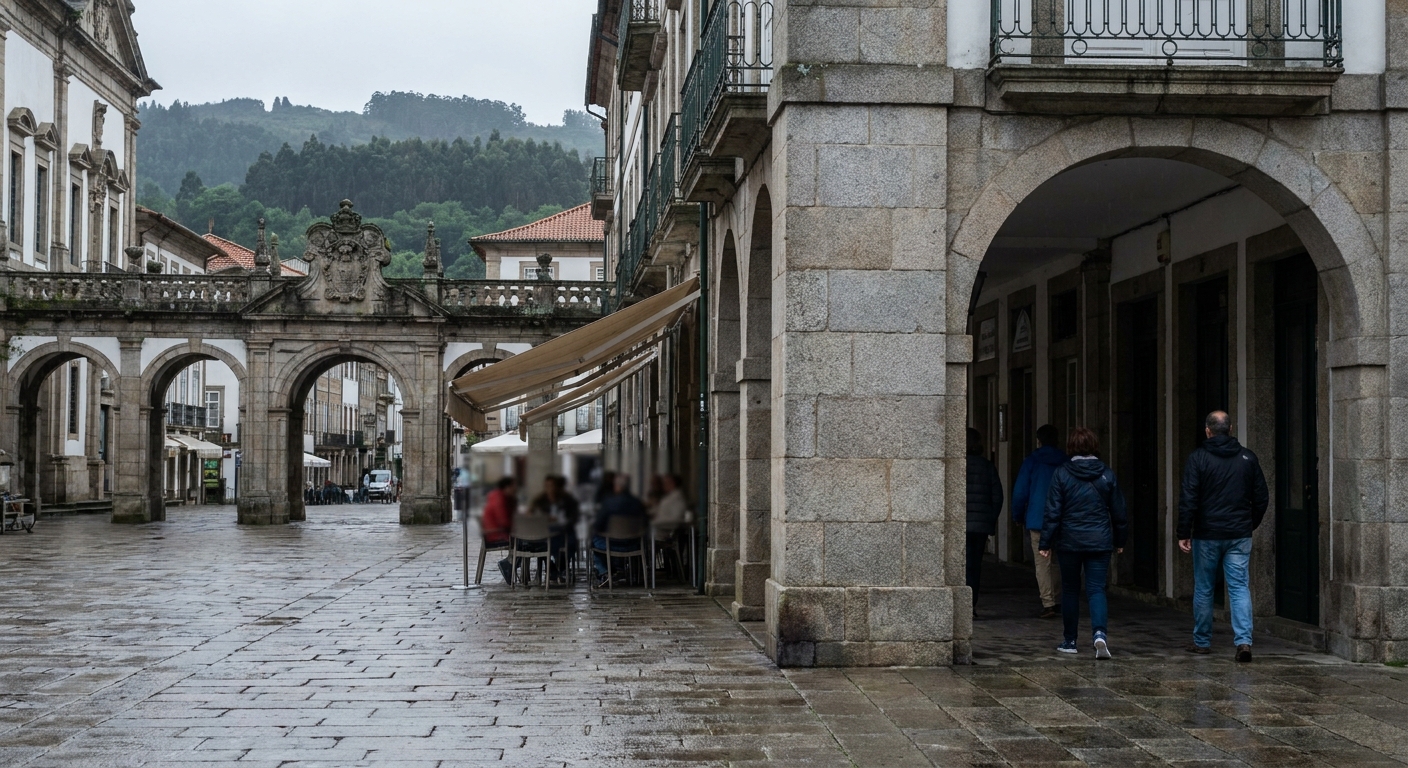 Granite arcades and a paved square in the center of Braga in bright summer light
