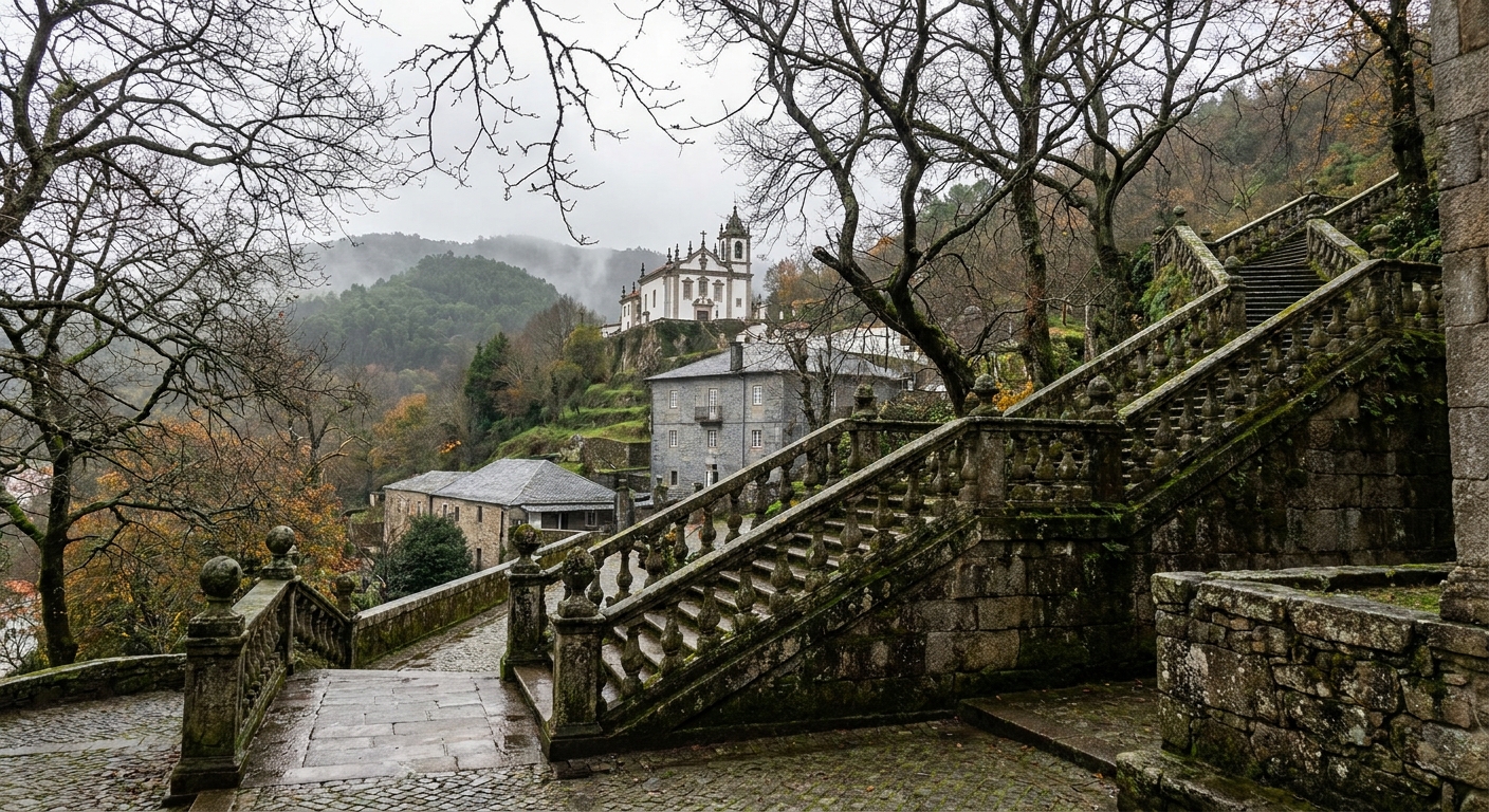 A baroque zigzag stairway climbing through bare trees toward a white church above Braga