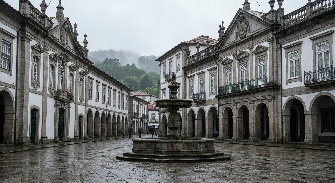 Stone arcades and a fountain on a square in central Braga under a gray sky
