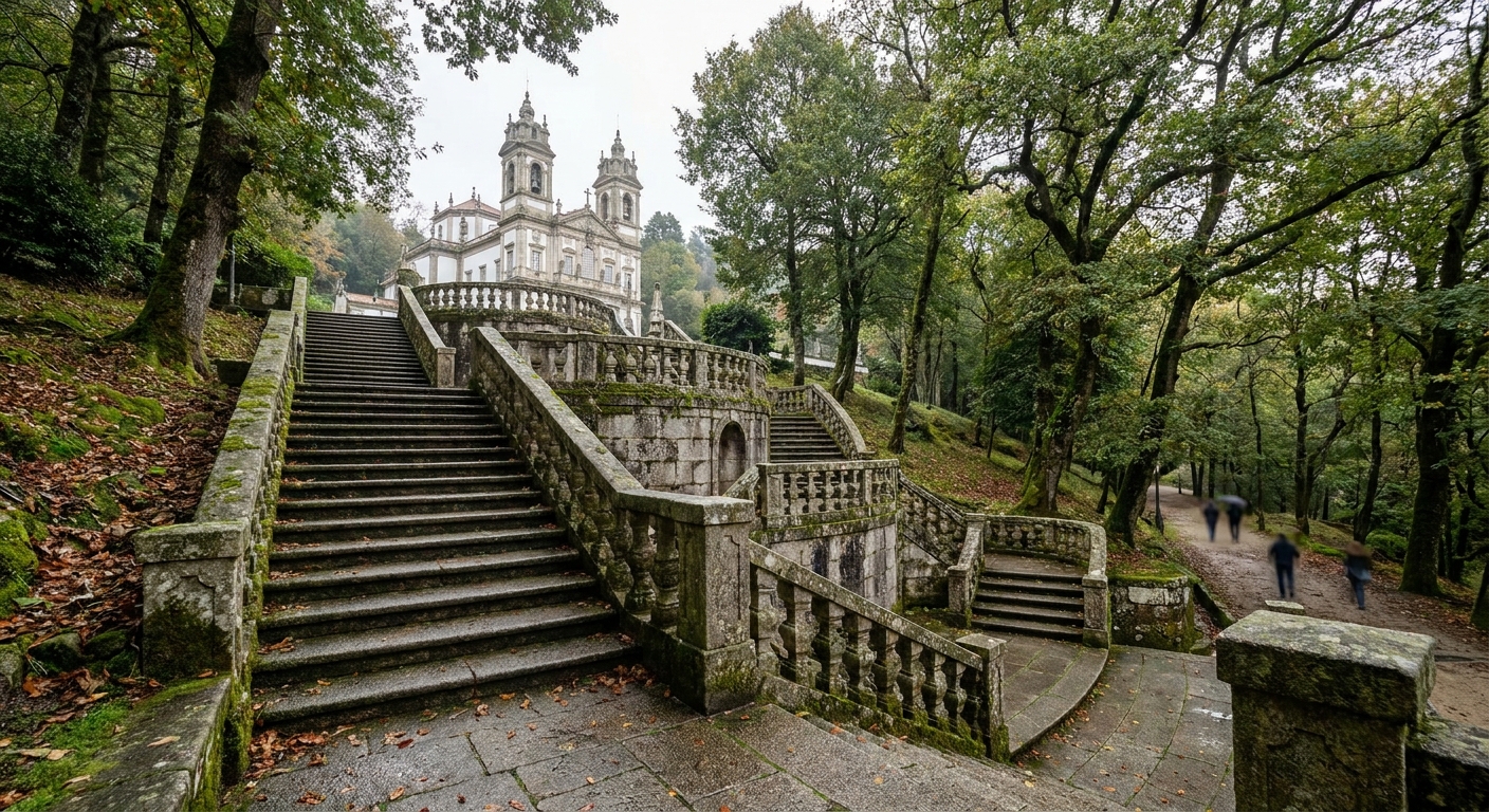 Baroque zigzag stairway climbing a wooded hillside toward a white church above Braga