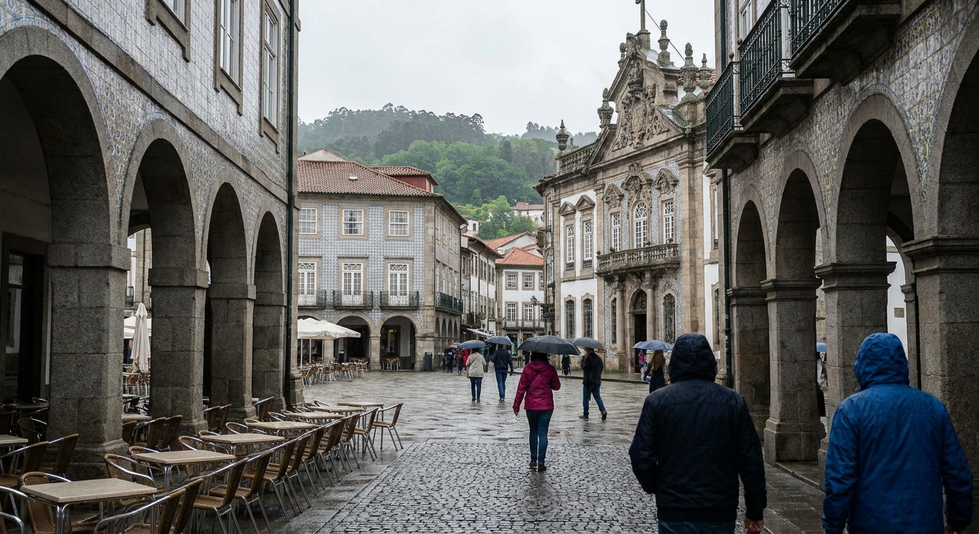 Granite arcades and tiled facades around a café-lined square in central Braga