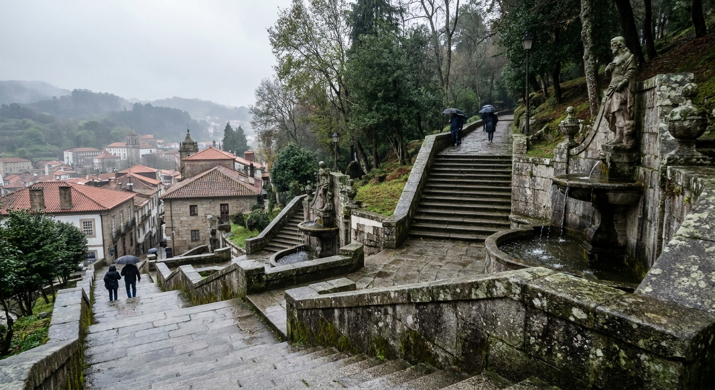 A long baroque stone stairway with landings and fountains climbing a wooded hill above a city
