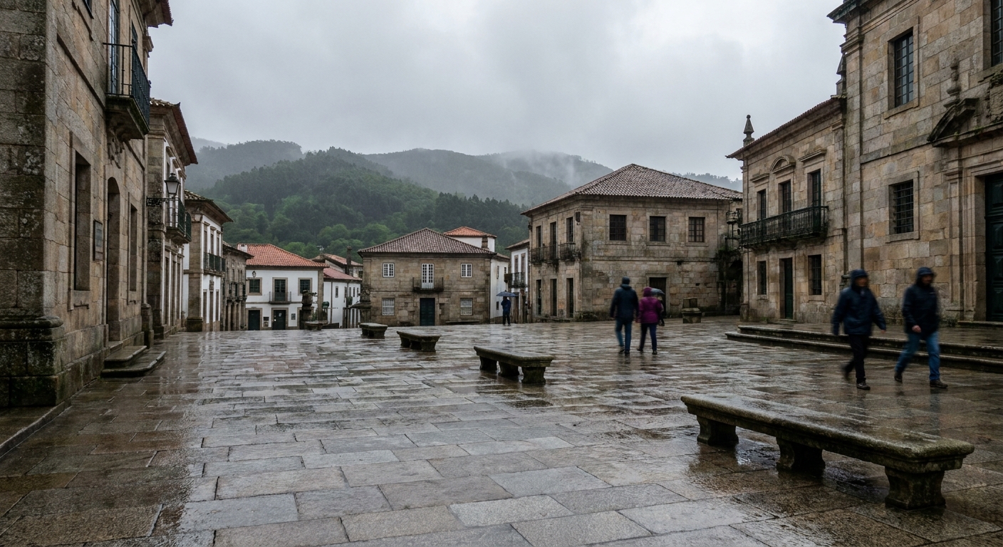 Wet granite paving and stone facades in an old European town center under gray skies