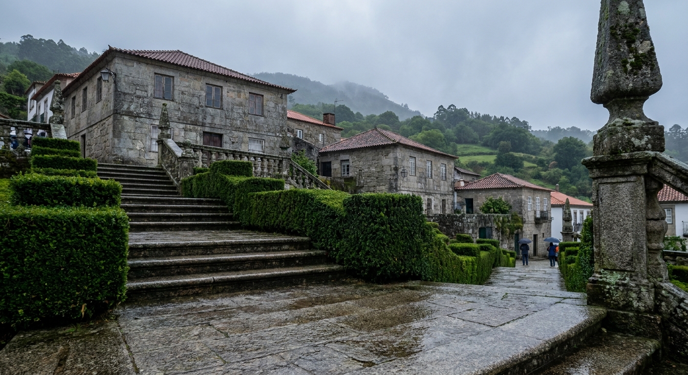 Wet granite steps of a baroque hillside stairway with clipped box hedges under gray sky