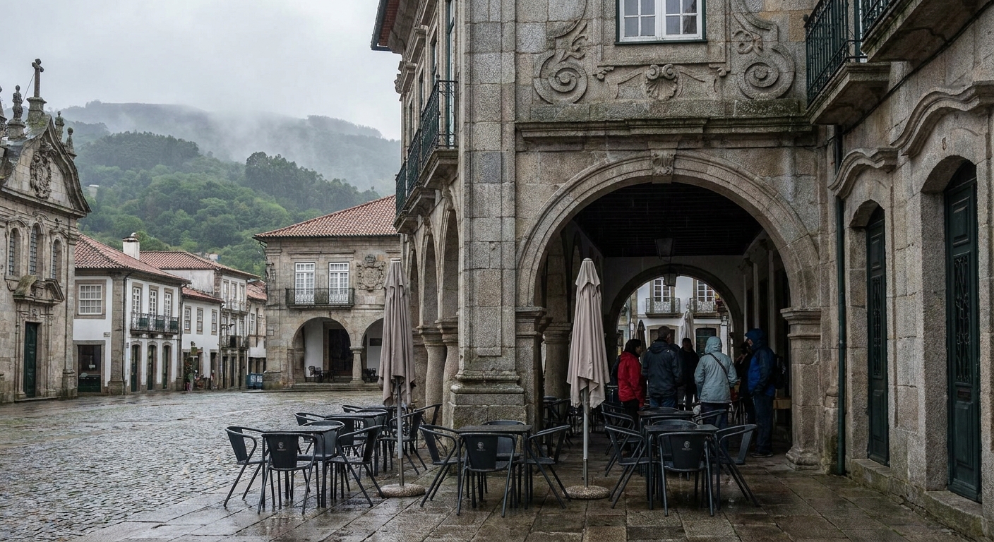 Arcaded stone square in a Portuguese city with cafe tables under the arches on a damp afternoon