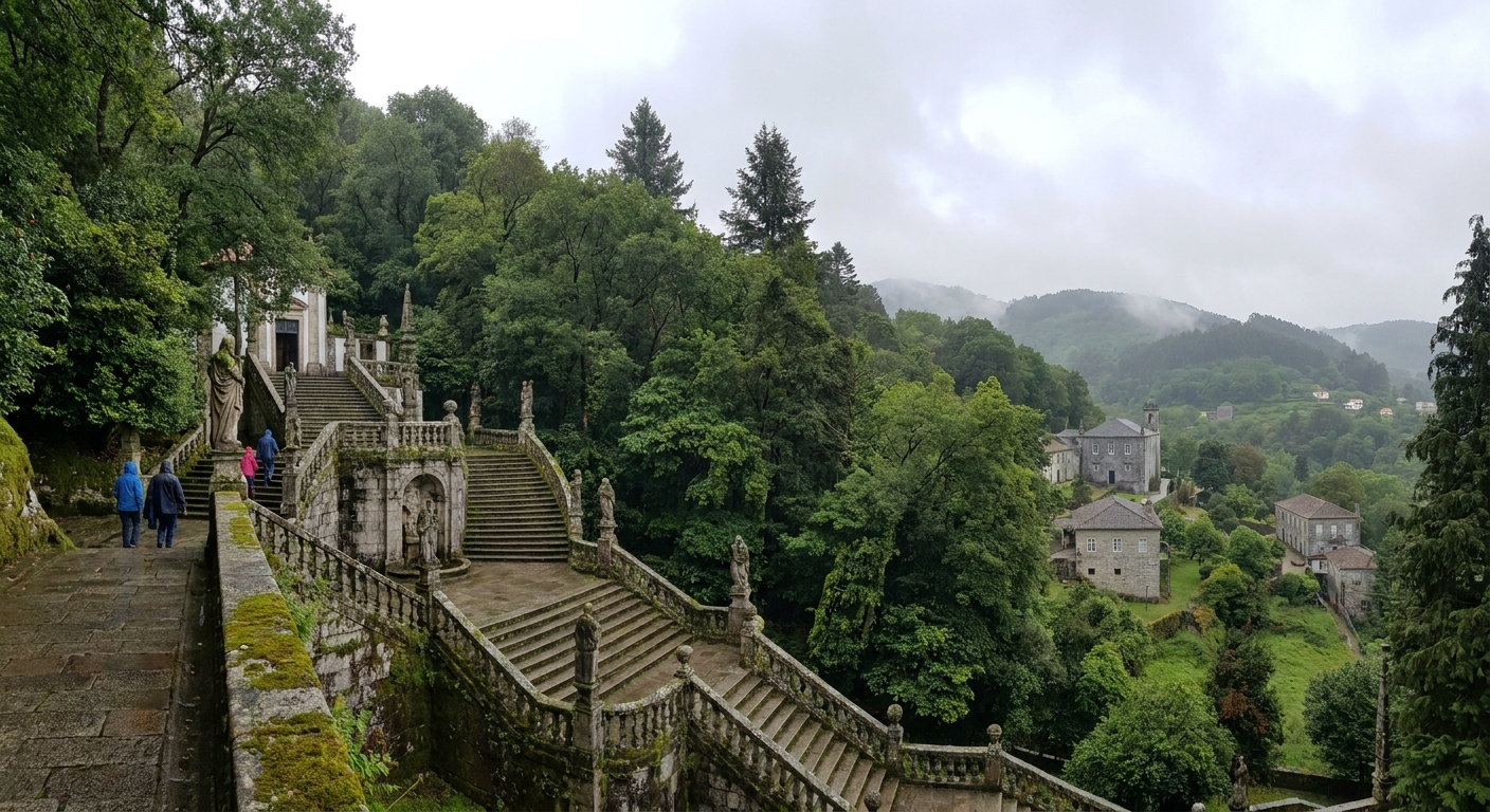 The baroque zigzag stairway of Bom Jesus do Monte climbing a wooded hillside above Braga