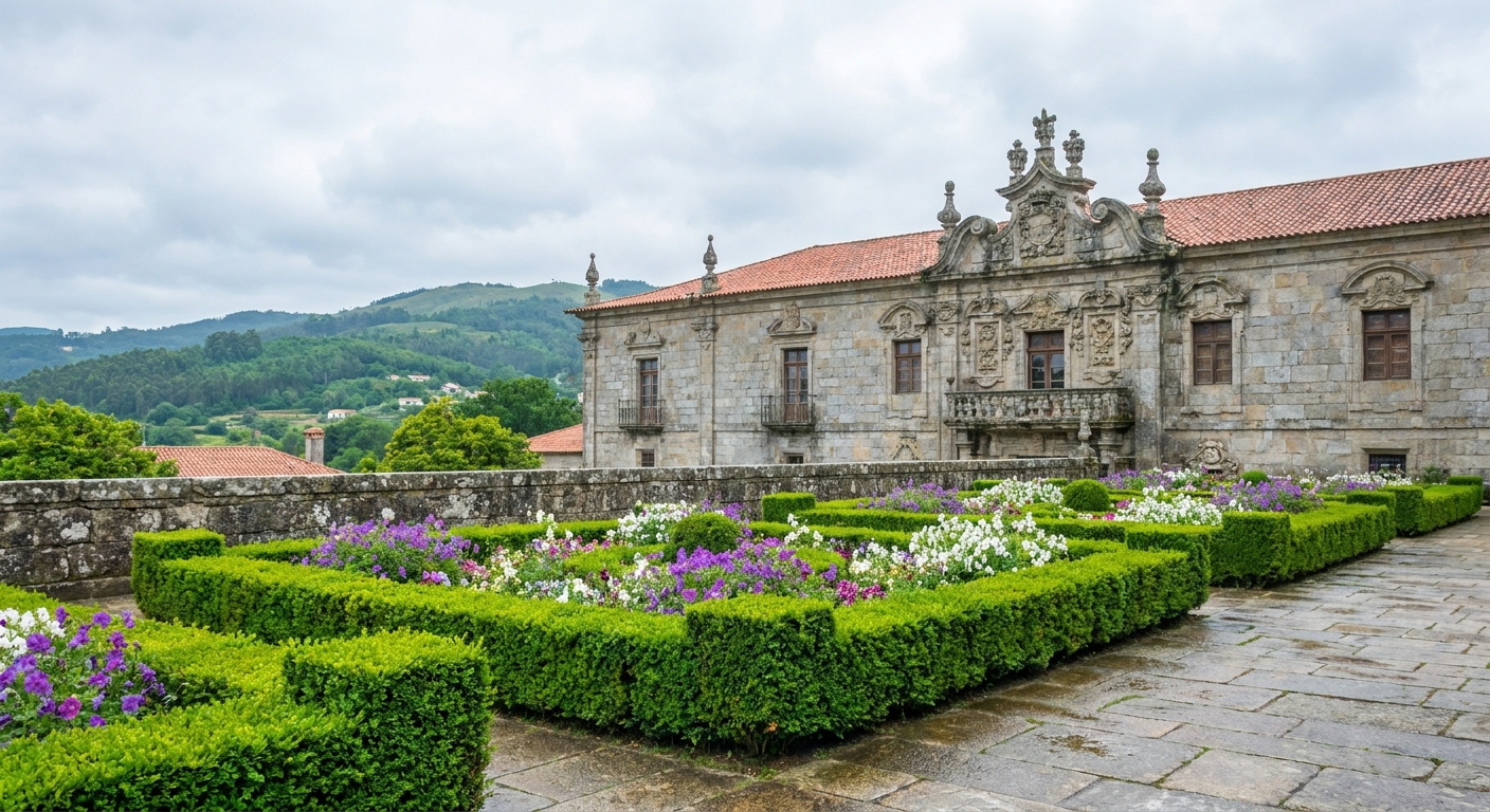Clipped box hedges and flowerbeds in a walled garden beside a stone medieval palace in Braga