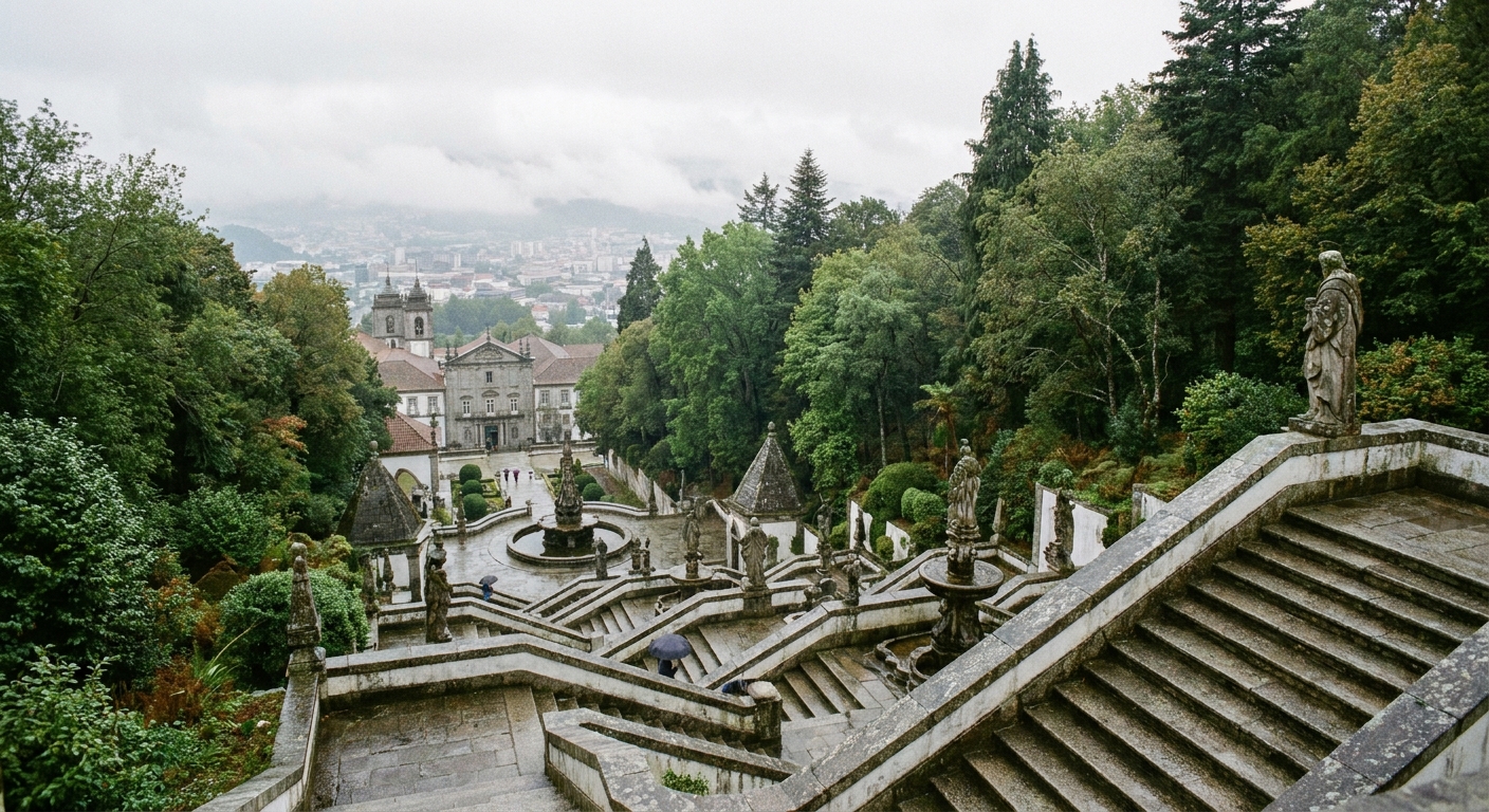 The baroque zigzag stairway of Bom Jesus do Monte rising through trees above Braga on a clear morning