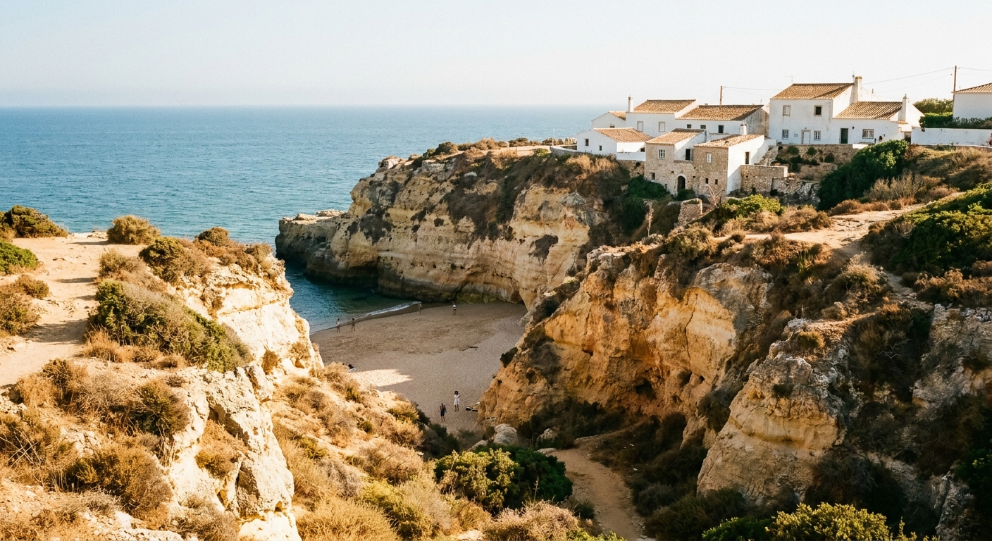 Sandstone cliffs above a sandy cove with whitewashed buildings on the ridge