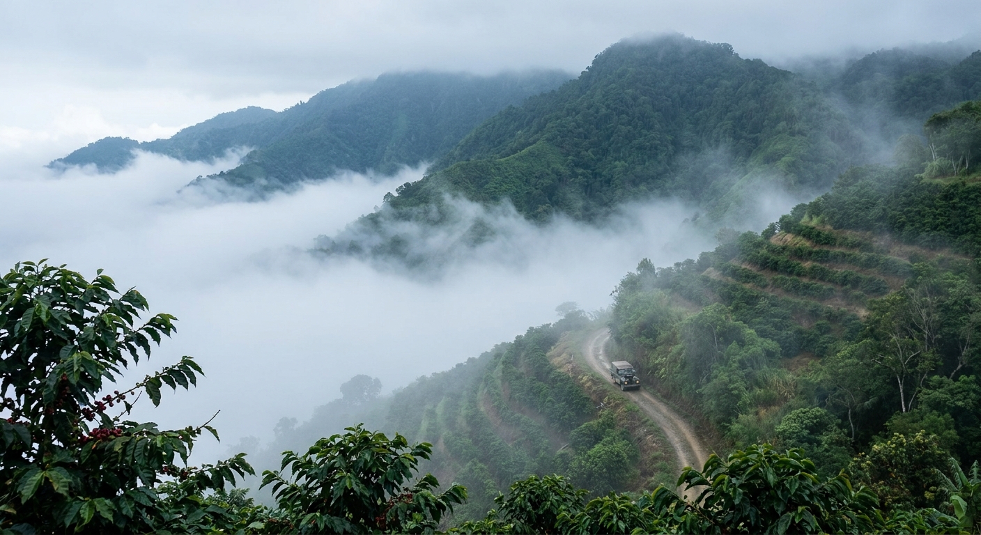 Forested ridges of Jamaica's Blue Mountains with cloud sitting in the valleys below