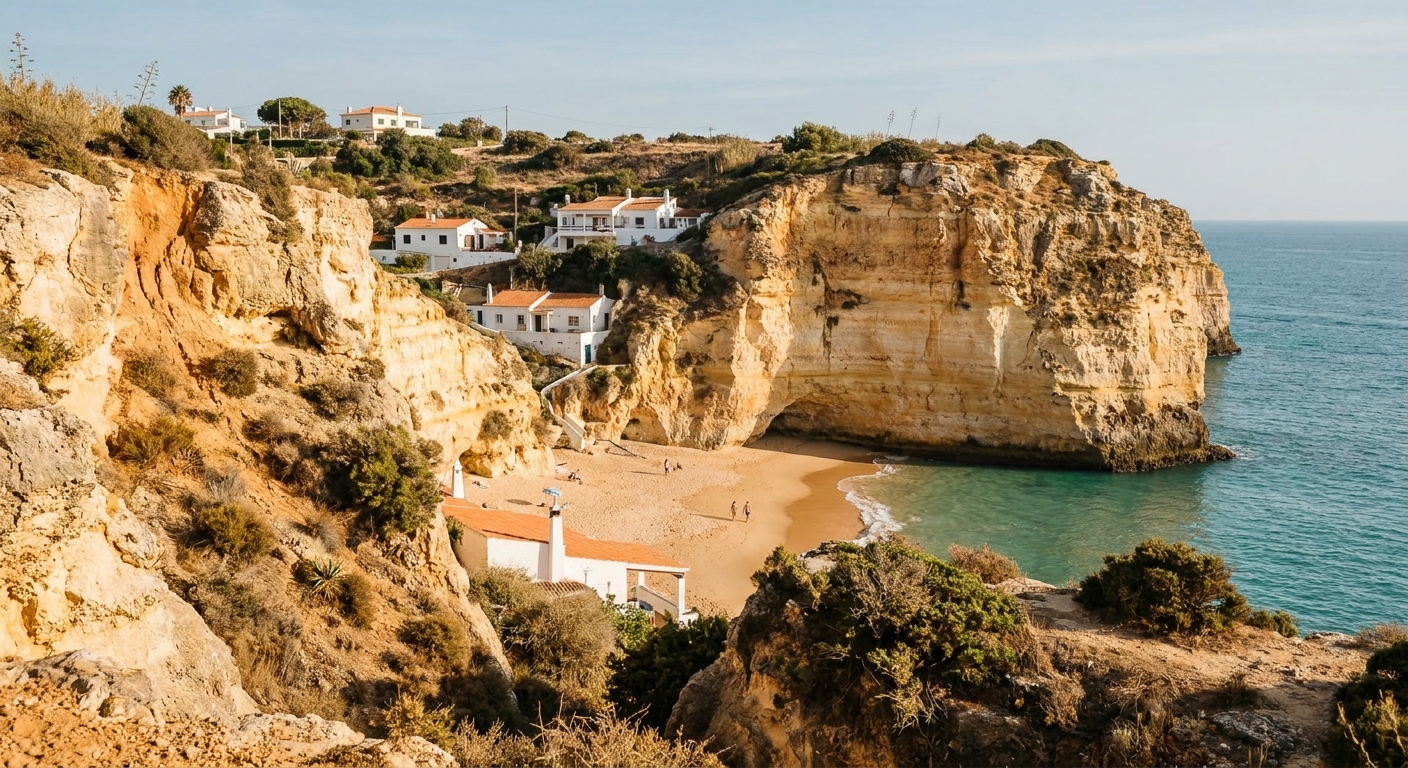 Sandstone cliffs and a small sandy cove backed by white houses on the central Algarve coast