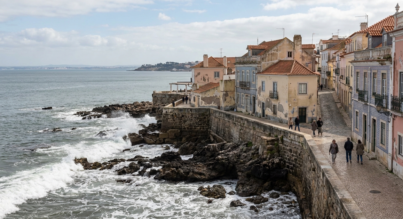 Waves breaking against the rocky seafront at Cascais with low white buildings behind
