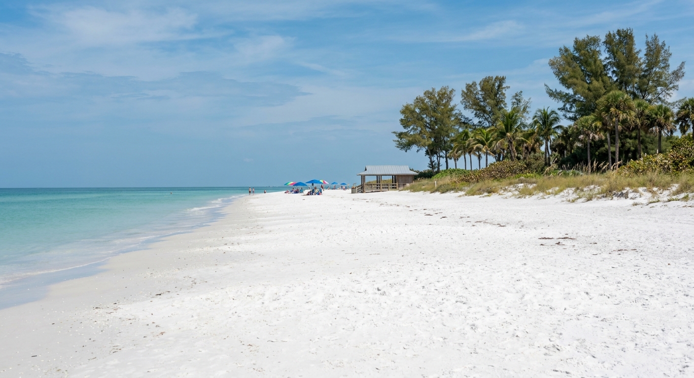Wide pale sand and shallow green Gulf water at Clearwater Beach on a clear afternoon