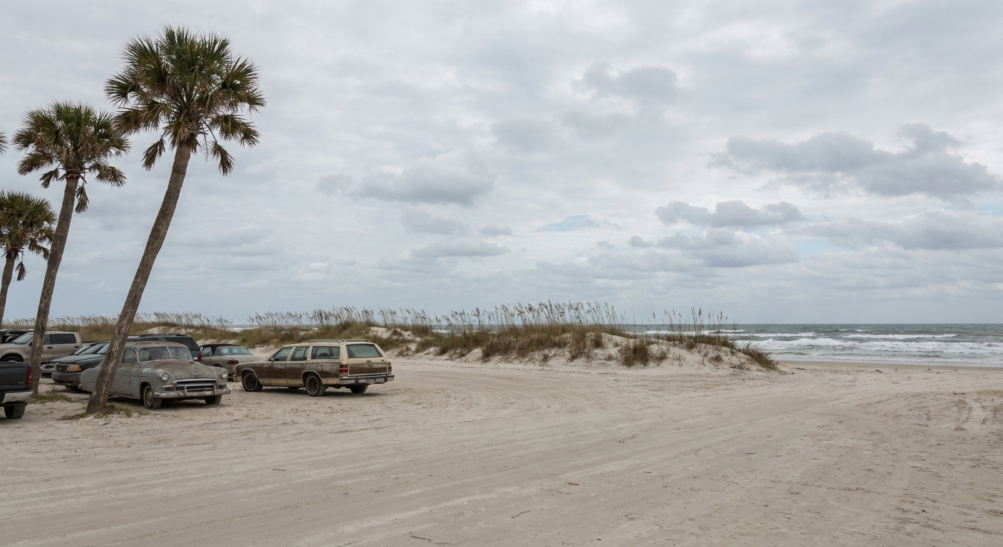 Palm trees leaning over white sand and turquoise shallows under scattered clouds