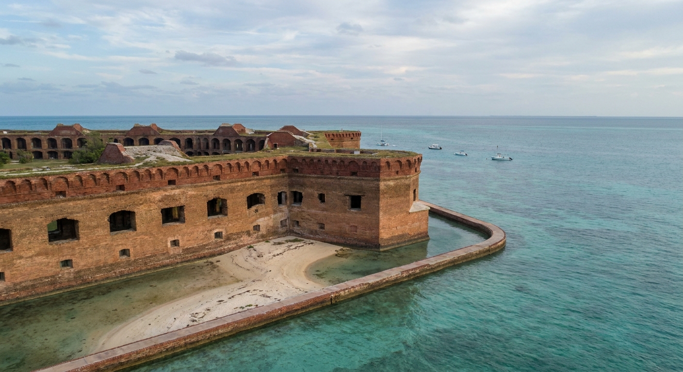 A brick coastal fort with a moat on a low sand island ringed by shallow turquoise water
