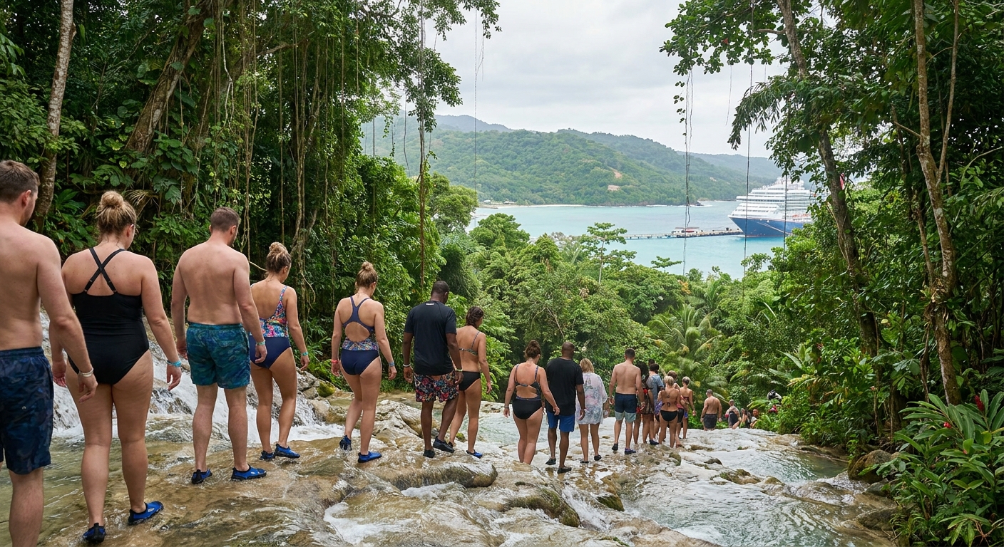 Visitors climbing the terraced limestone cascades of Dunn's River Falls beside dense green forest