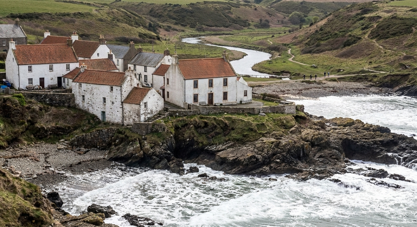 Whitewashed houses on a low cliff above a rocky cove and breaking surf at Ericeira, Portugal