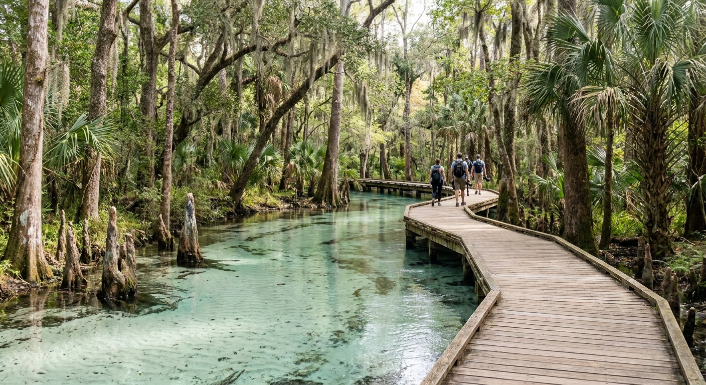 Clear spring water and a wooden boardwalk over a spring run beside the Suwannee River in north Florida