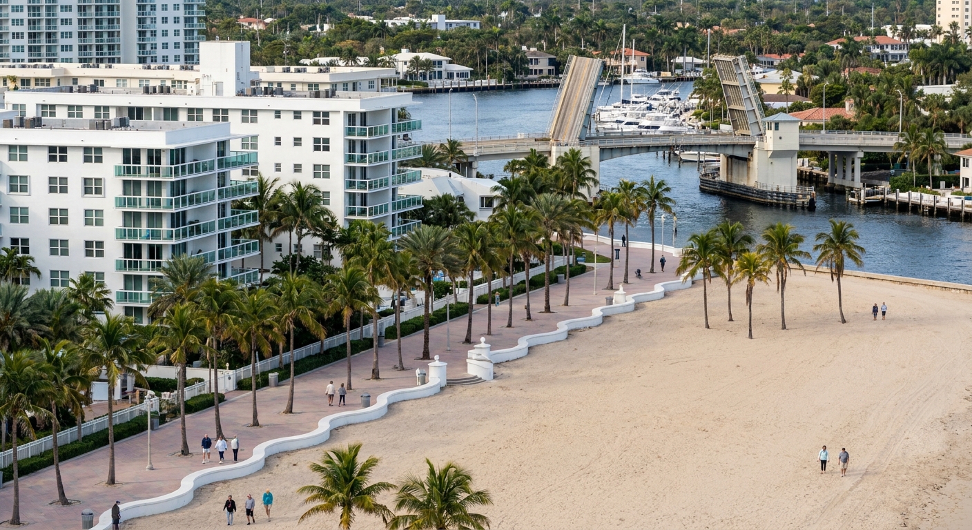 Wide sandy beach and palm-lined promenade at Fort Lauderdale on a clear winter morning