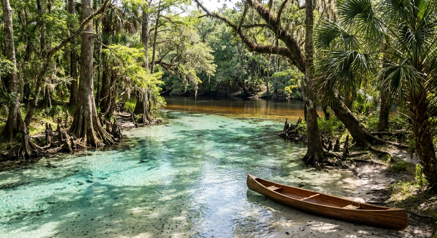 A clear blue spring run flowing between cypress trees toward a dark river in north Florida