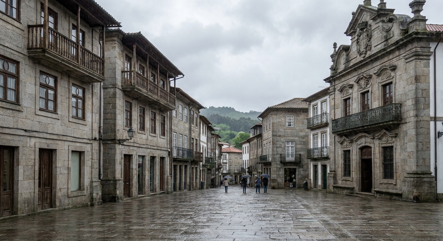 Stone houses with wooden balconies around a paved square in the old center of Guimarães