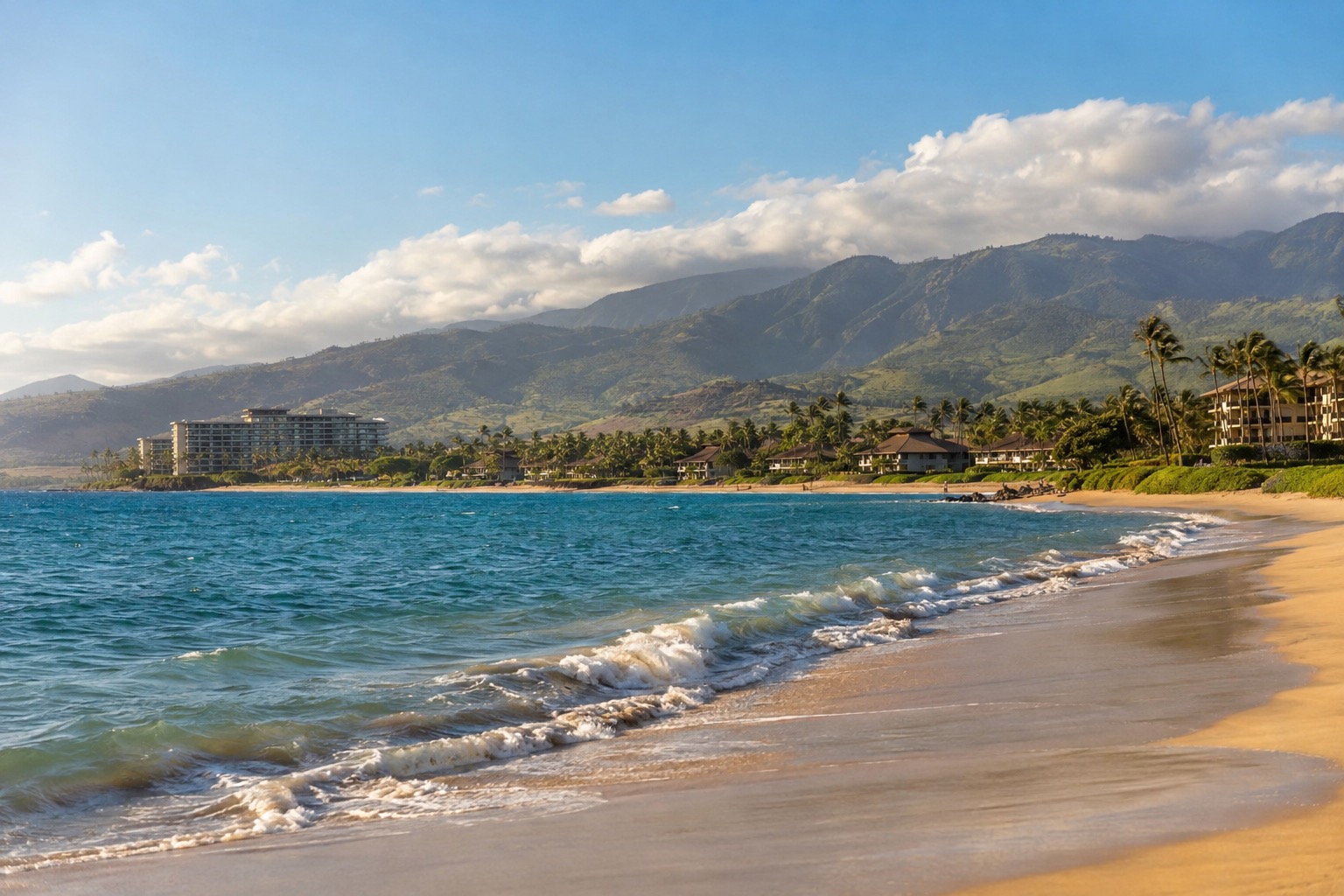 A crescent of golden sand along Kaanapali Beach with the West Maui Mountains rising green behind it, small waves lapping at the shore