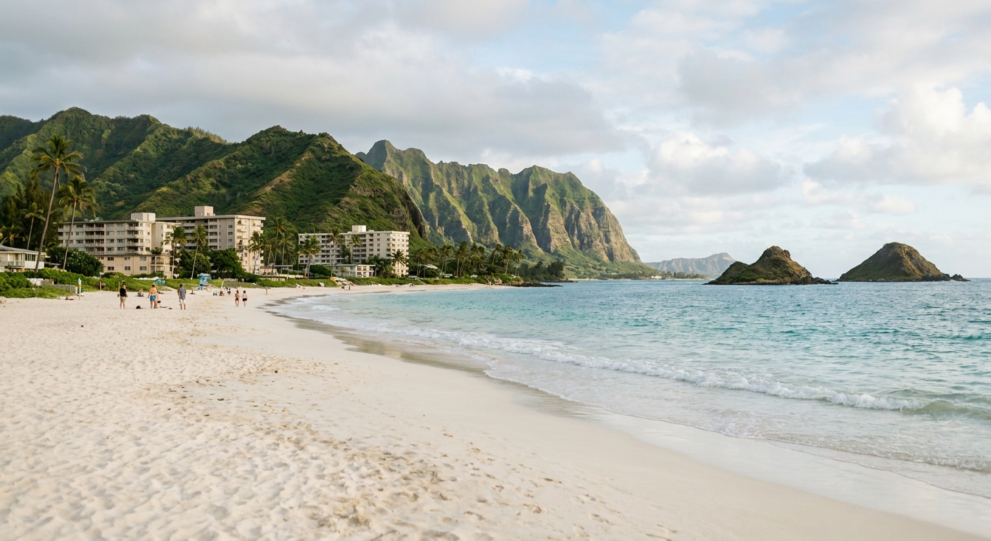 Kailua Beach's white sand and turquoise water with the Mokulua islets offshore