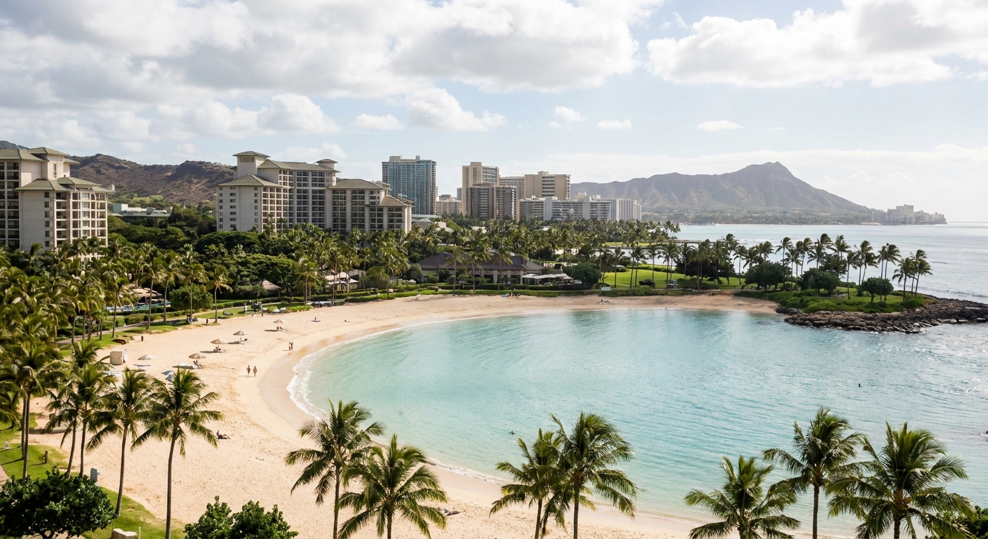 One of Ko Olina's four lagoons with palm-lined sand and calm turquoise water