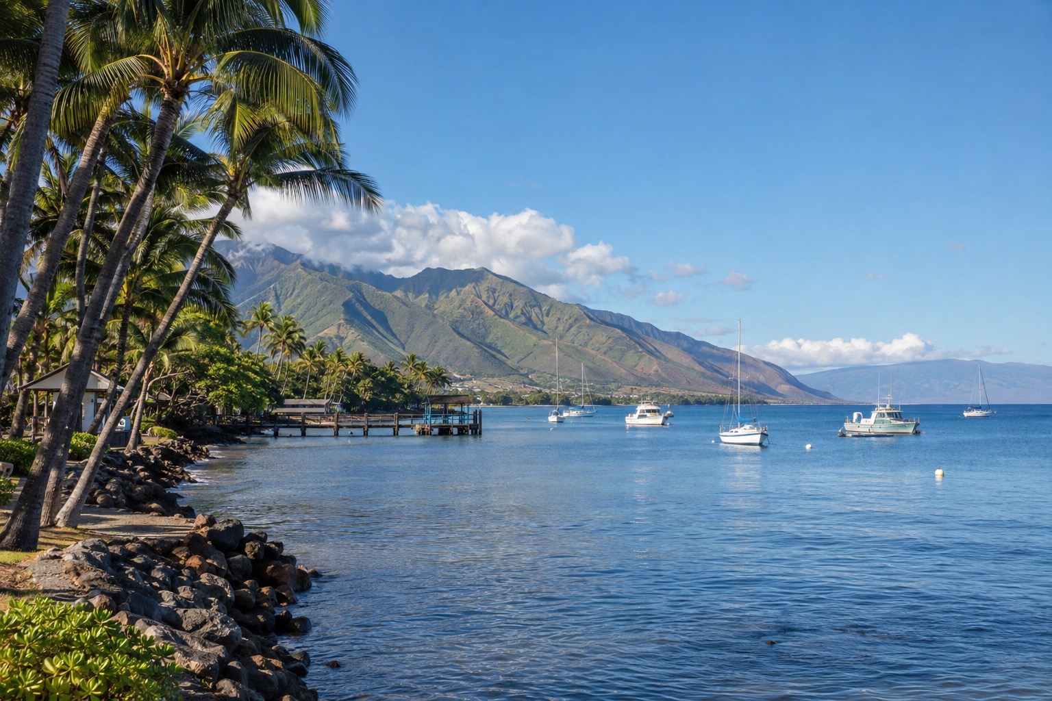 Palm-lined waterfront in Lahaina with small boats moored offshore under a clear sky