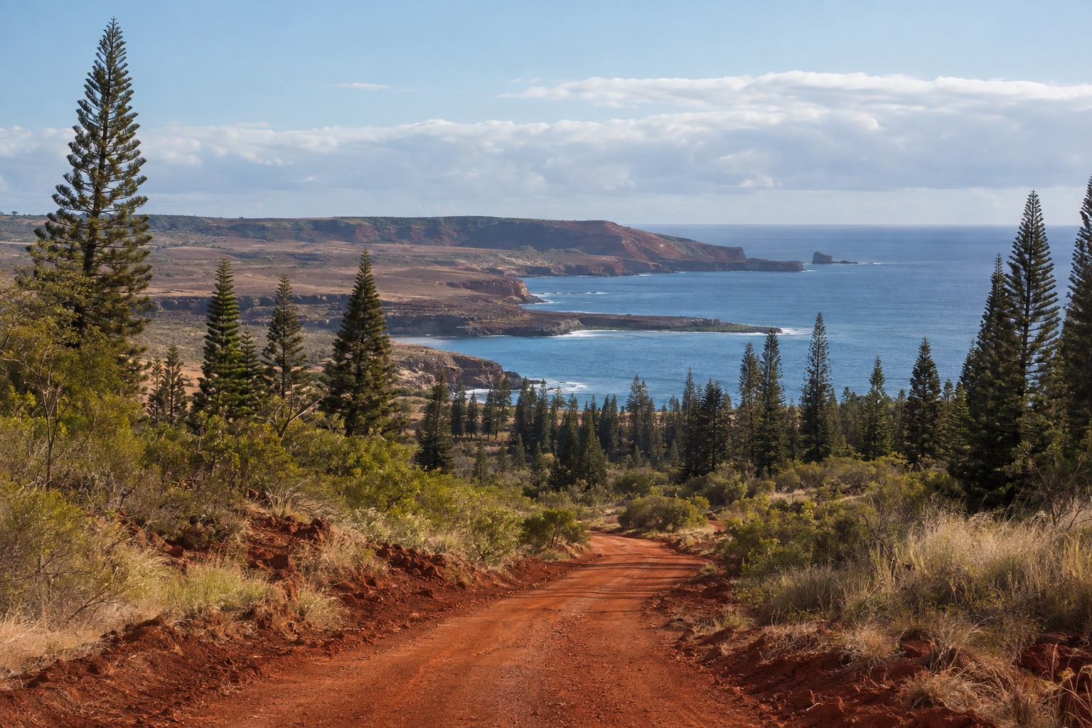 Red dirt road cutting through pine trees toward Lanai's coastline