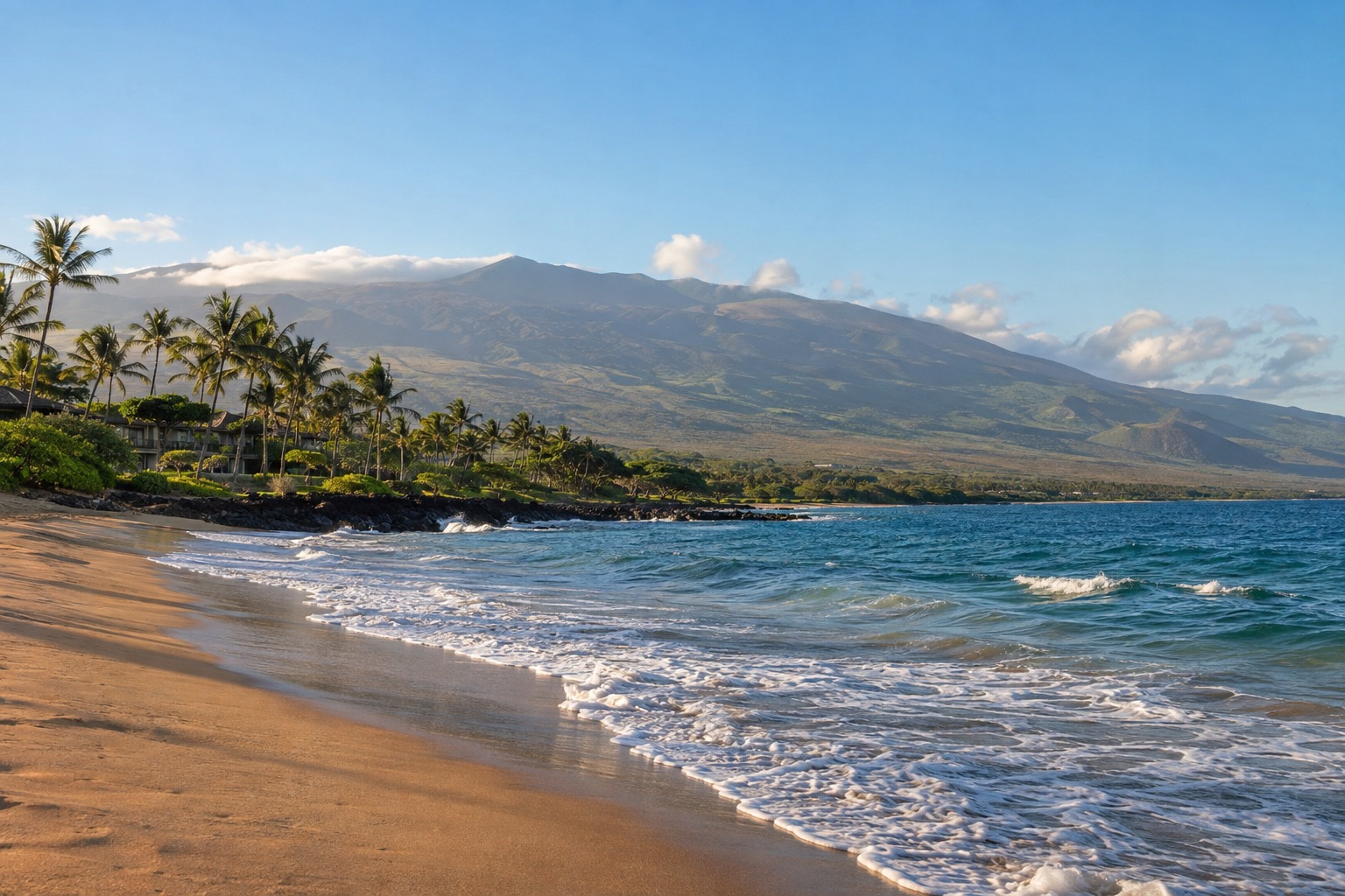 A sandy beach on Maui's dry coast under a clear sky, with the long green slopes of Haleakala rising behind