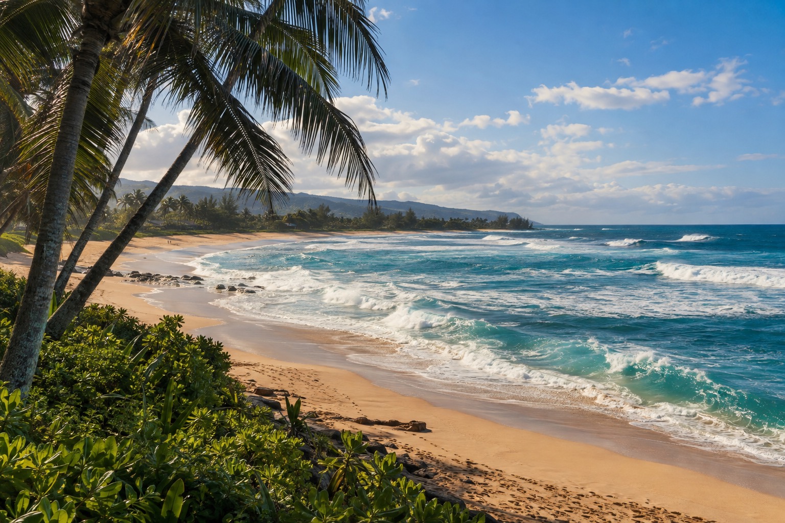 Waves breaking along a wide sand beach on Oahu's North Shore with palm trees in the foreground