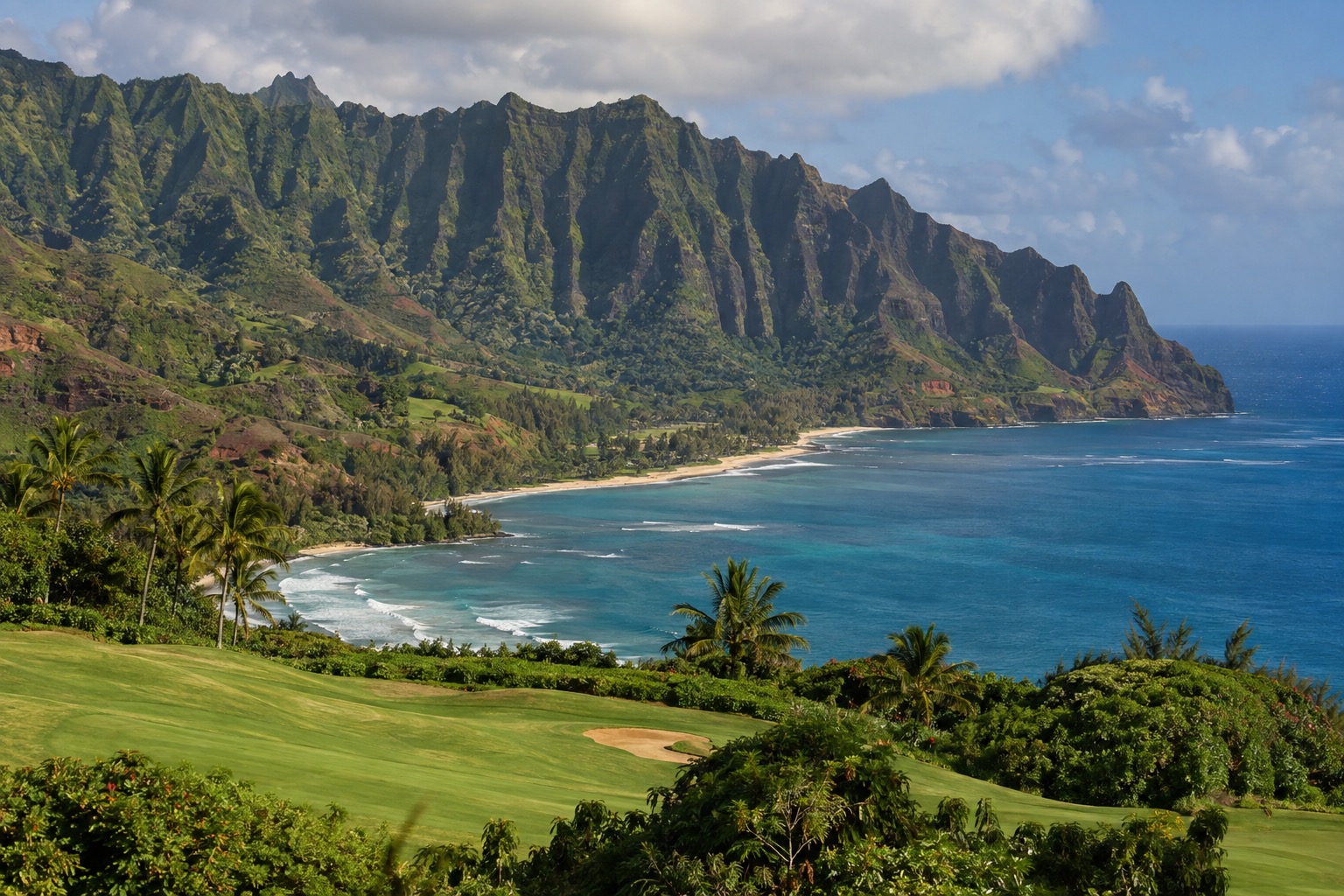 Green cliffs, palm trees and a golf fairway above turquoise water near Princeville on Kauai's north shore