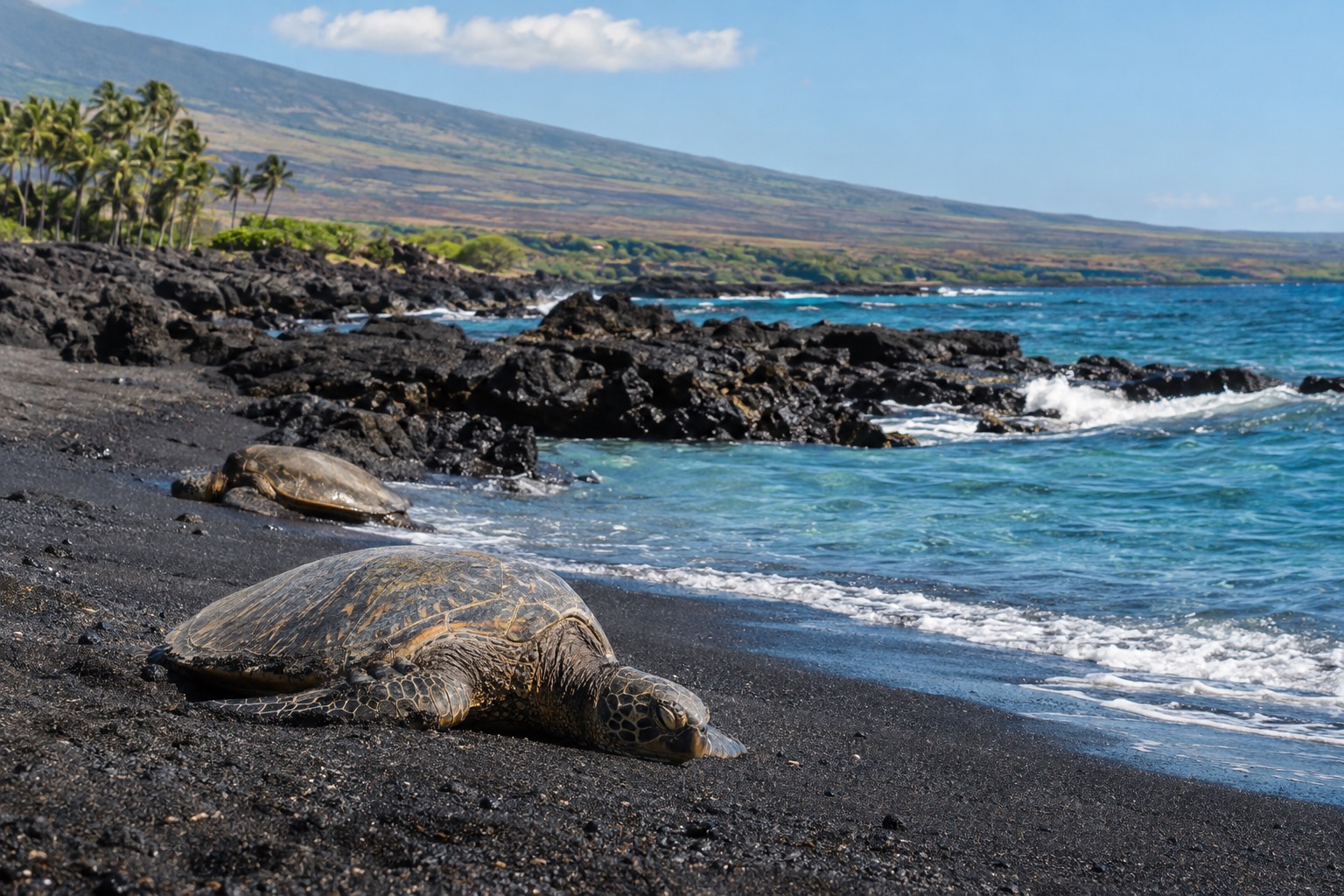 Black volcanic sand beach with green sea turtles resting near the shoreline on Hawaii's Big Island